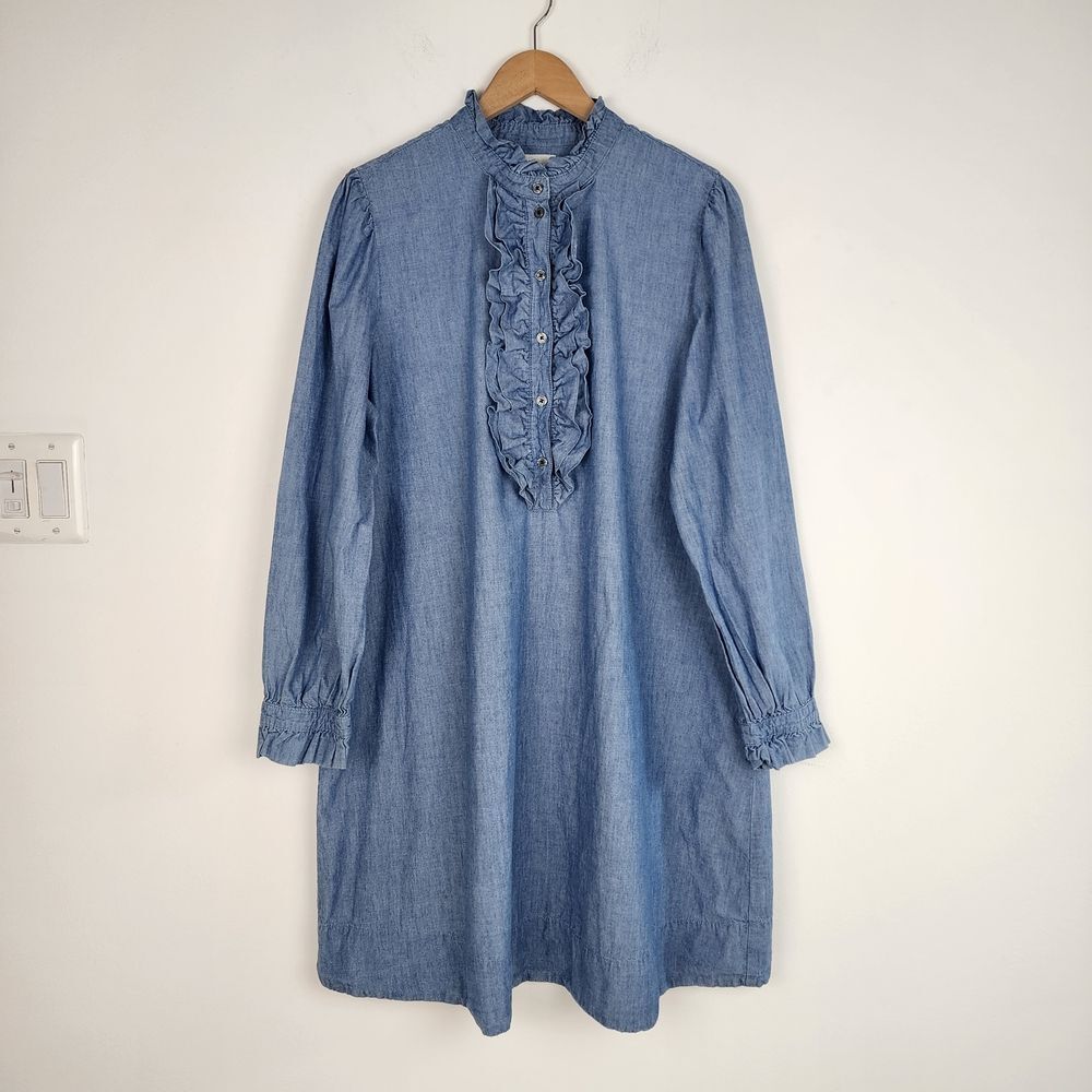 J.Crew Ruffle Dress Chambray Blue 100% Cotton Long Sleeve Size L - Picture 14 of 14